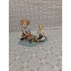 Vintage Porcelain Figurine Two Boys‎ Fishing on River Stream Statue Decor